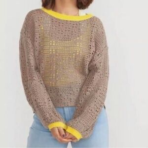 Free people home run Women's Brown Knit Sweater with Yellow Trim